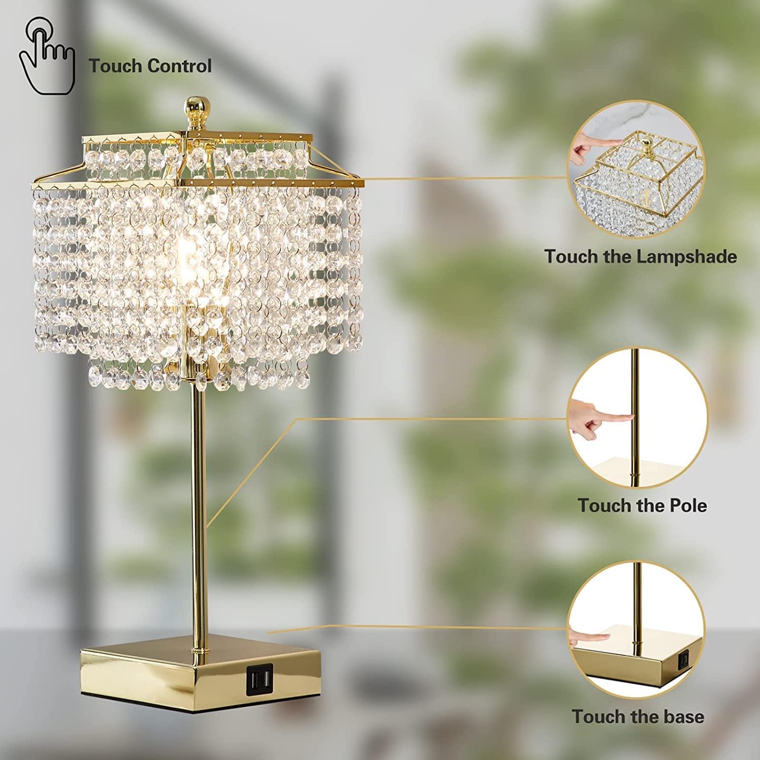 Crystal Touch Lamp – Gold, USB, 3-Way Dimmer