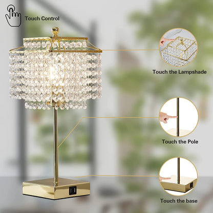 Crystal Touch Lamp – Gold, USB, 3-Way Dimmer