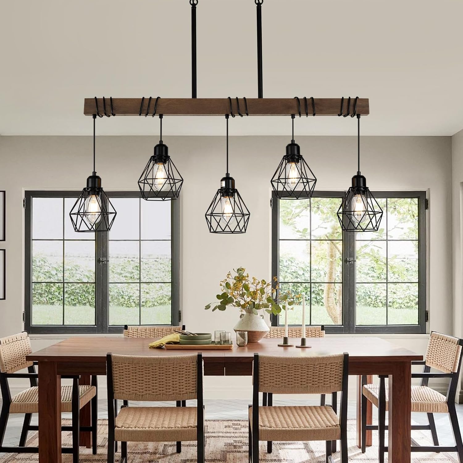 5-Light Farmhouse Wood & Metal Kitchen Chandelier – Black Finish