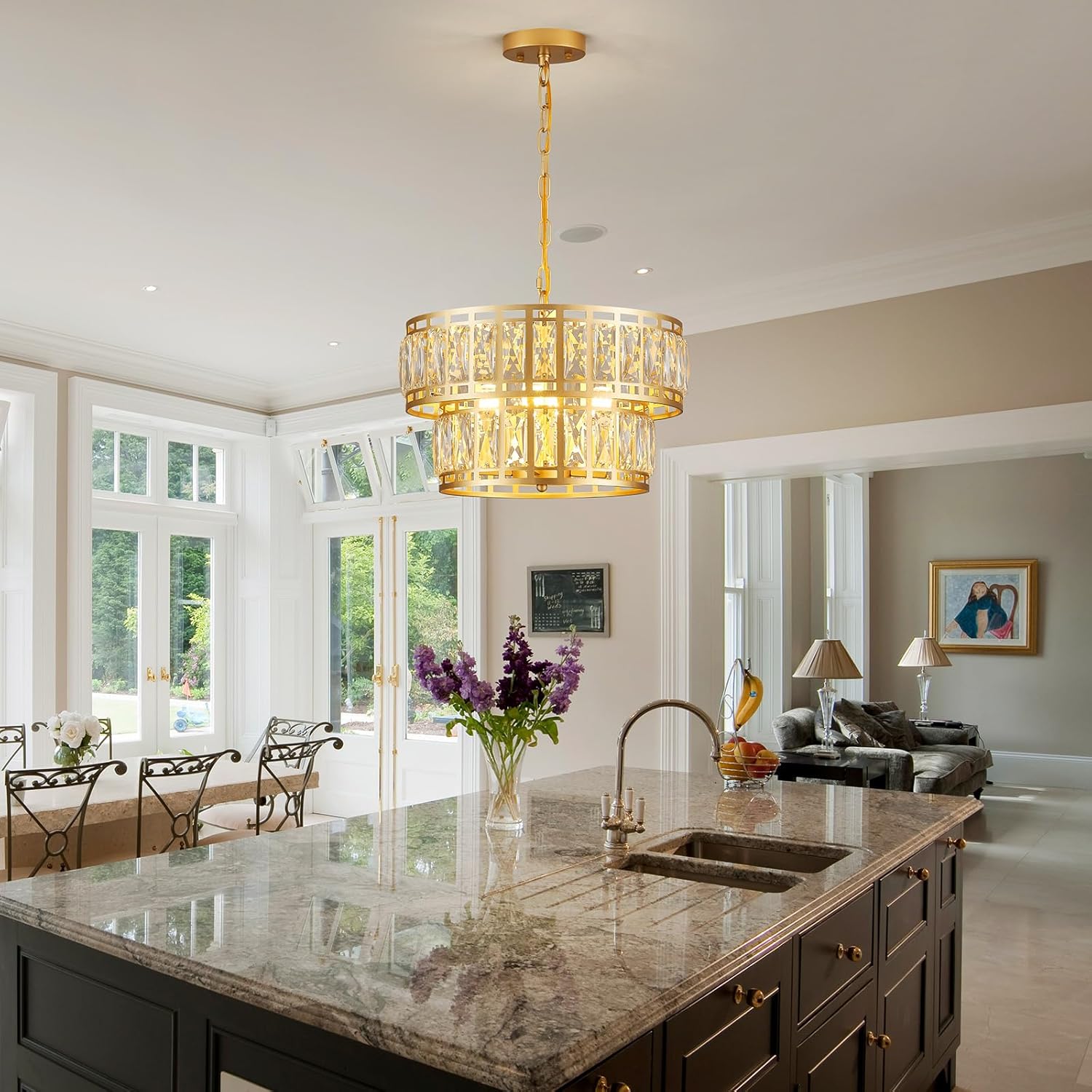16" Gold Crystal Chandelier – 4-Light Modern 2-Tier Pendant