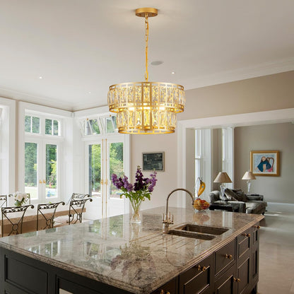 16" Gold Crystal Chandelier – 4-Light Modern 2-Tier Pendant