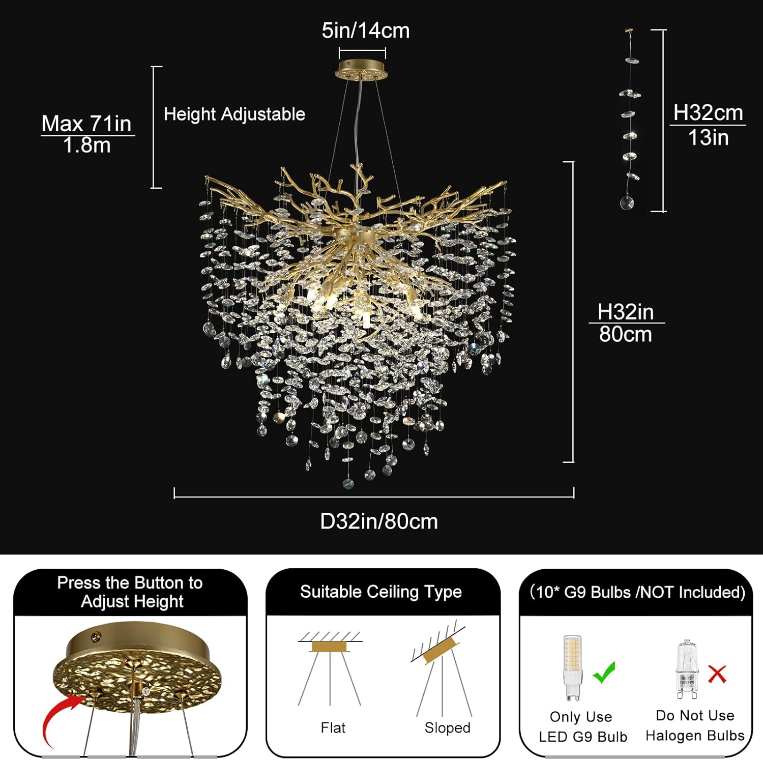 Gold Tree Branch Crystal Chandelier 32"