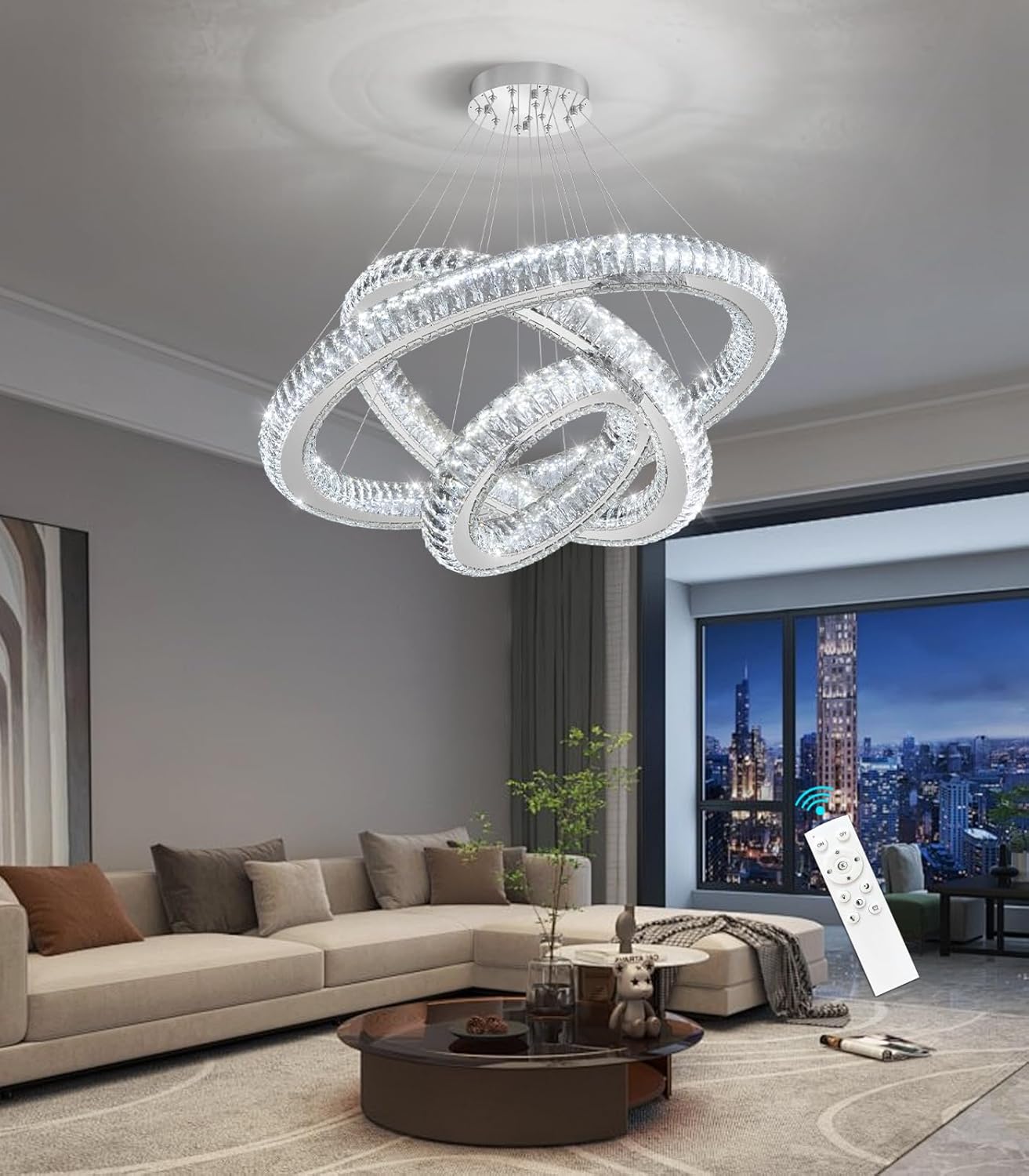 Modern 3-Ring Crystal LED Chandelier