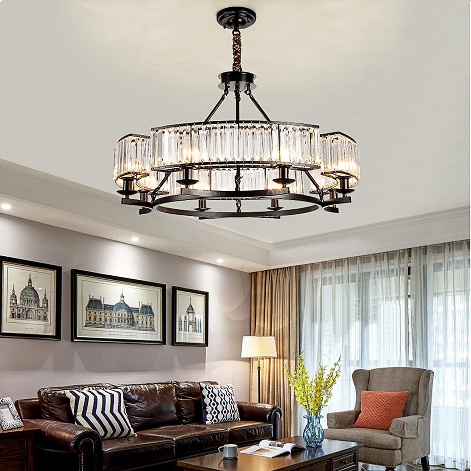 Farmhouse Crystal Chandelier – Black Pendant with K9 Crystals