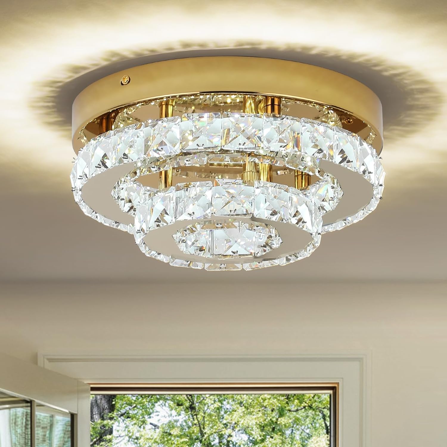 Gold Crystal Chandelier Flush Mount Ceiling Light – 9.8" LED Surface Mount