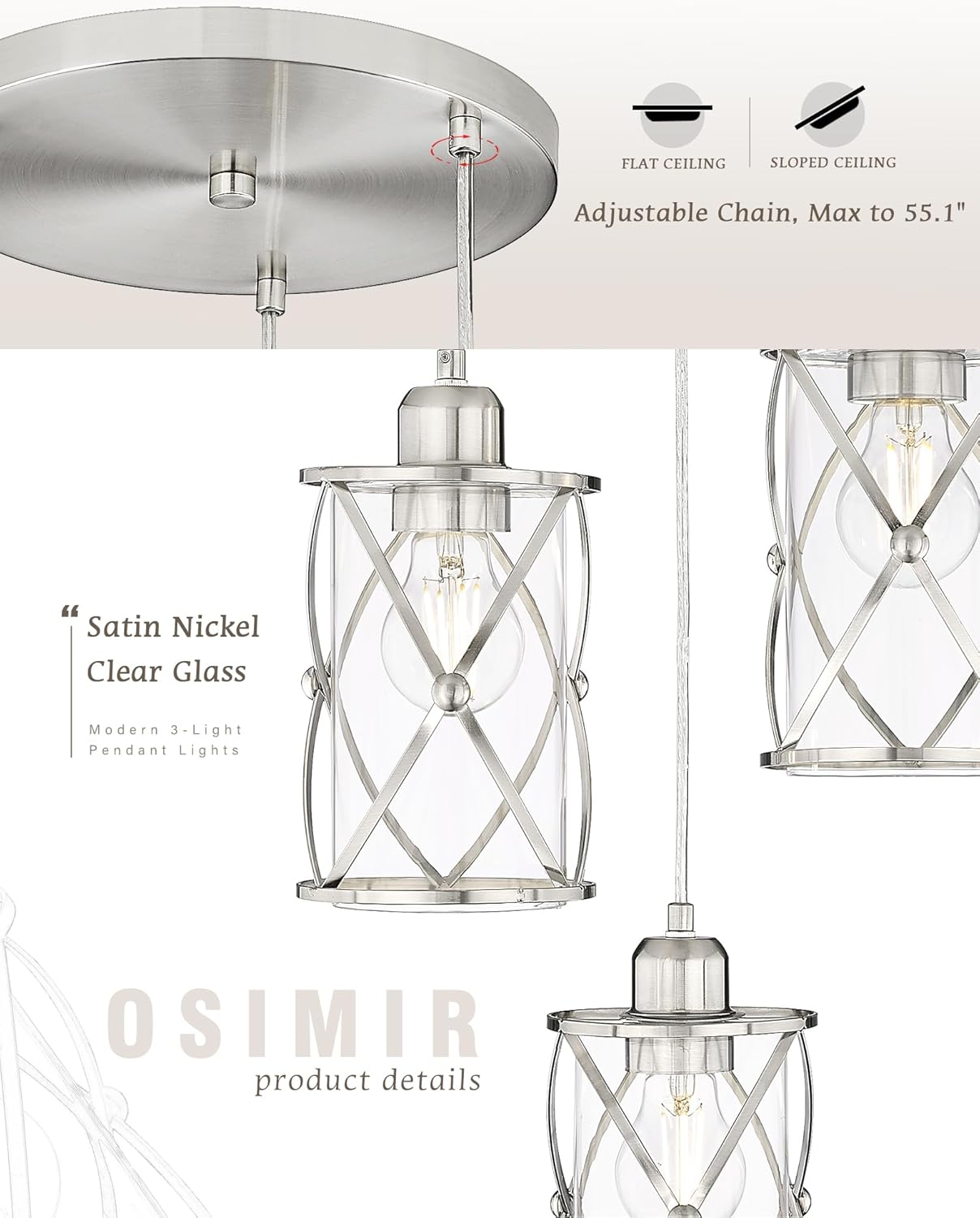 3-Light Brushed Nickel Pendant Chandelier