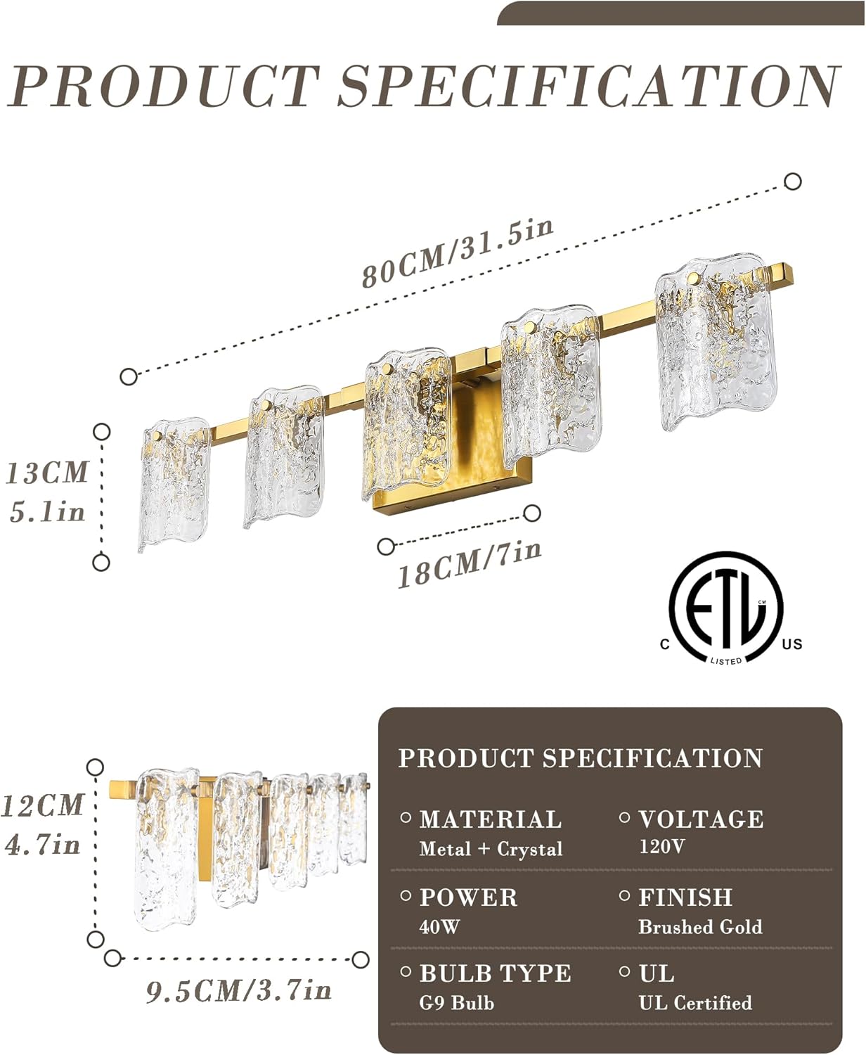 5-Light Brushed Gold Vanity Light – 31" Wide
