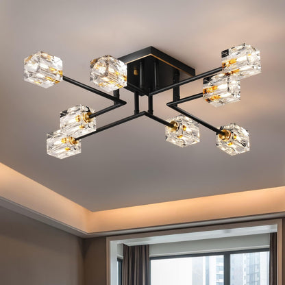 8-Light Crystal Ceiling Light – Black & Gold