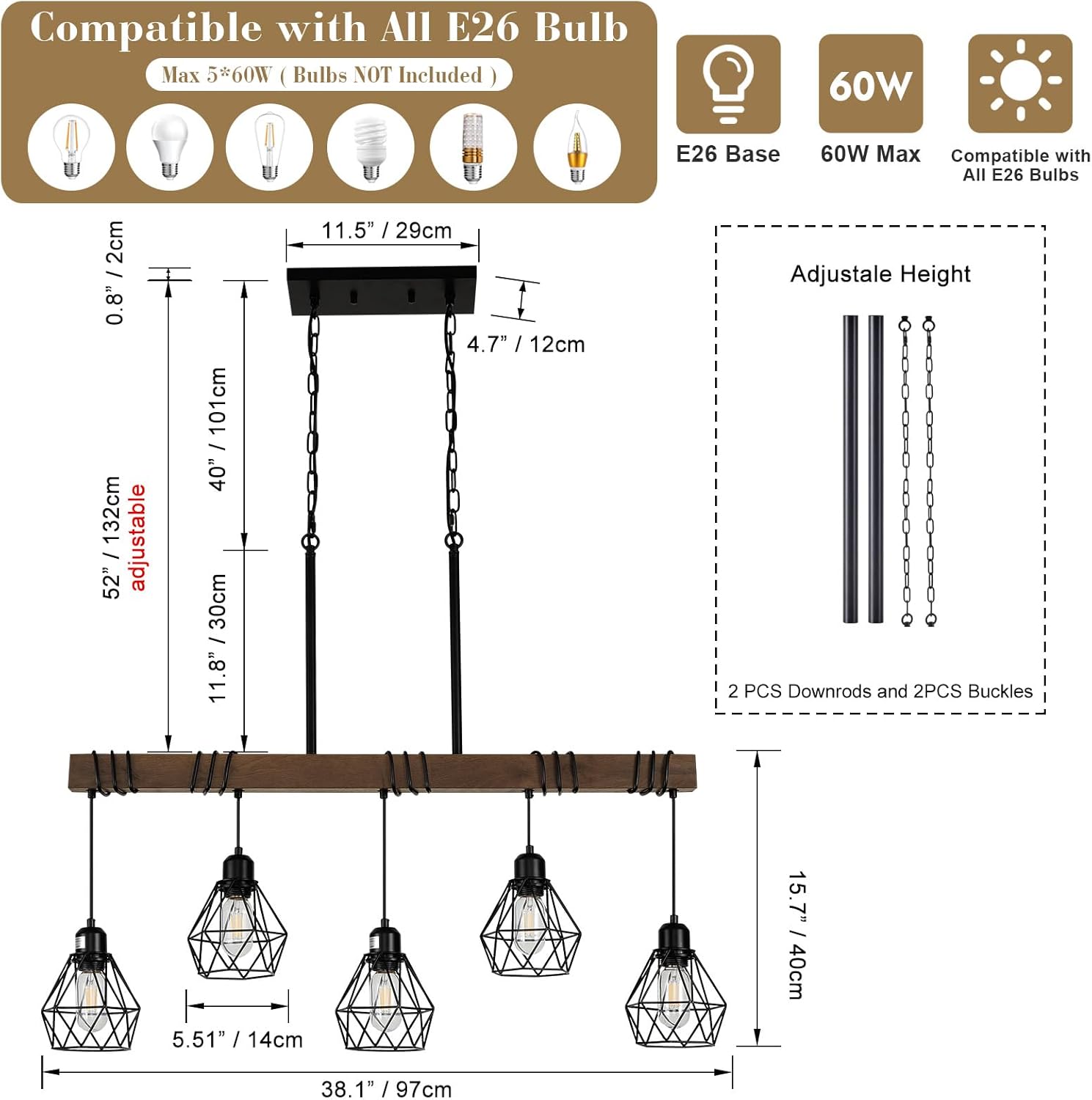 5-Light Farmhouse Wood & Metal Kitchen Chandelier – Black Finish