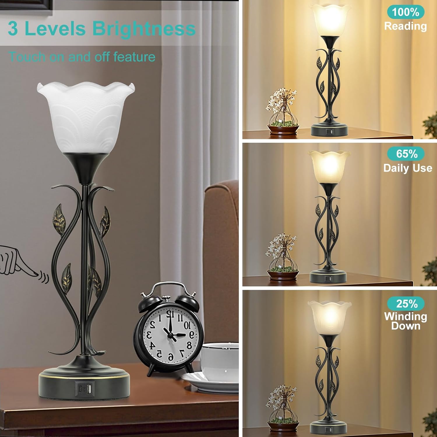 Set of 2 Bedside Lamps – USB, 3-Way Dimmable