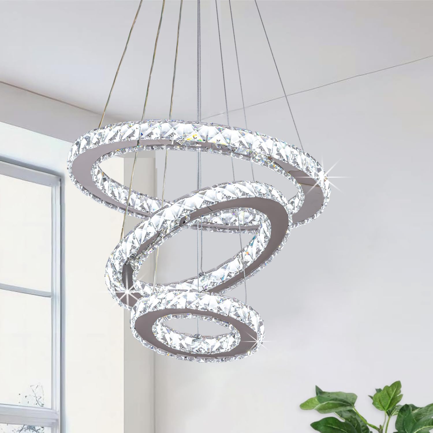 Modern Crystal LED Chandelier – 3-Ring Silver Pendant Light