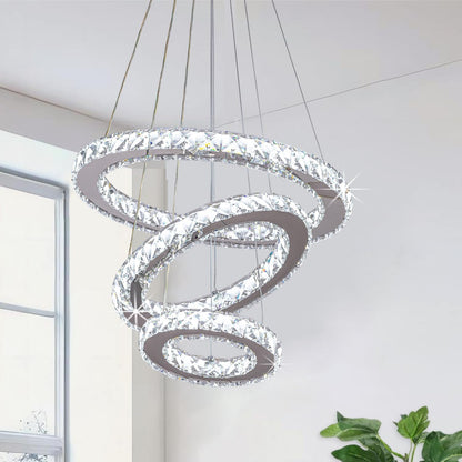 Modern Crystal LED Chandelier – 3-Ring Silver Pendant Light
