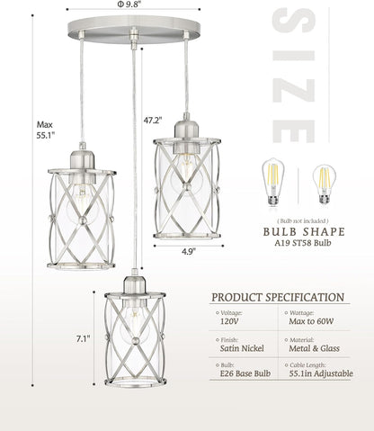 3-Light Brushed Nickel Pendant Chandelier
