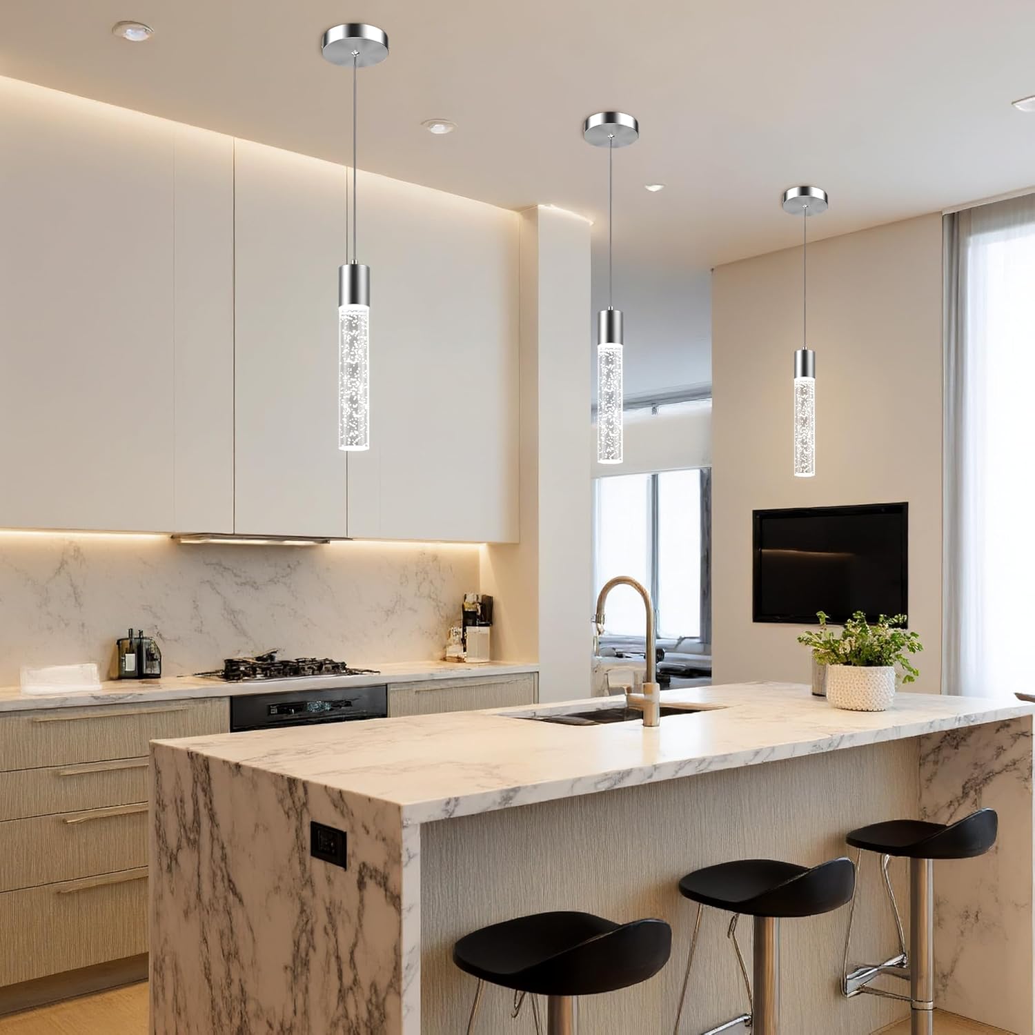 3-Pack Modern LED Pendant Lights – 6500K Crystal Bubble Design