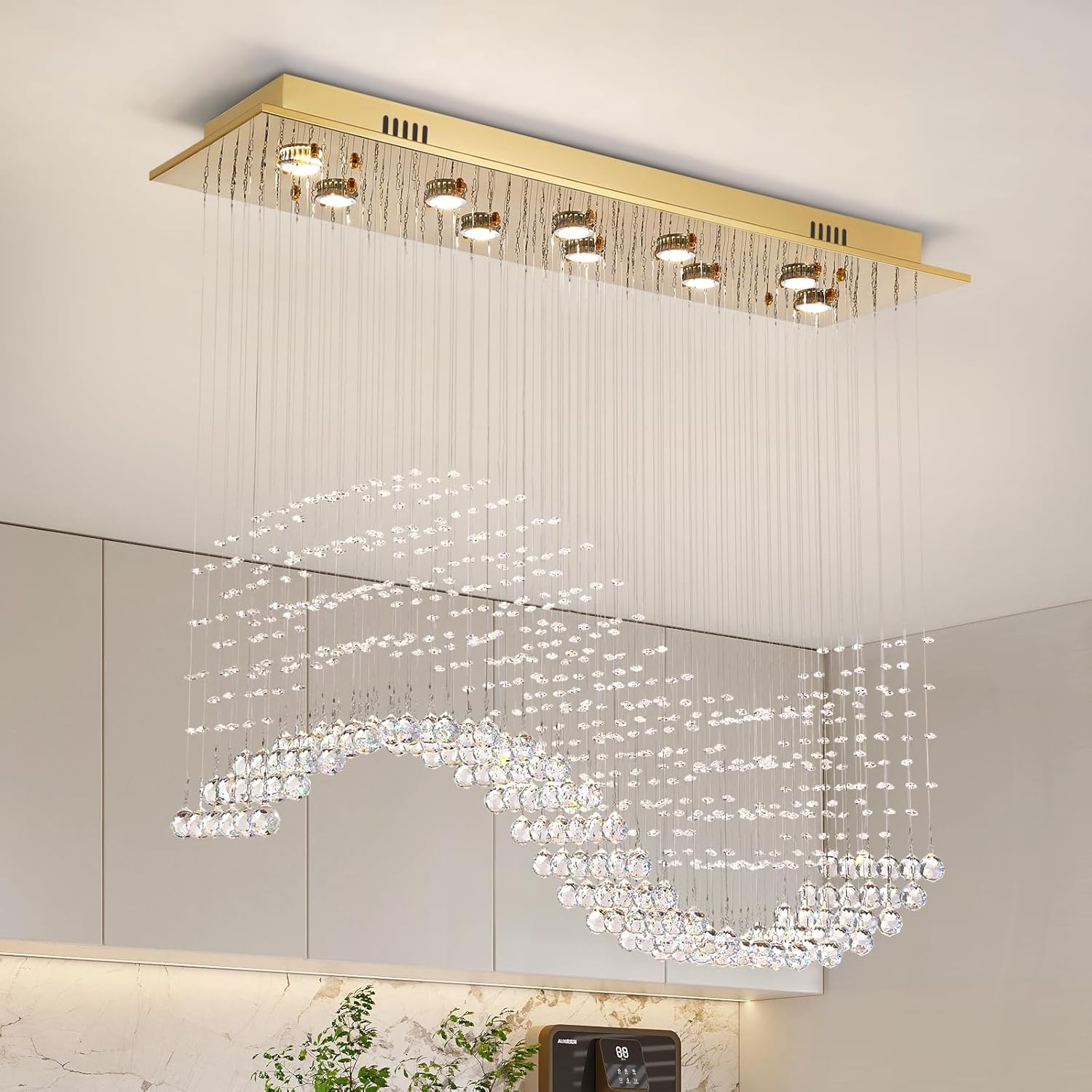 Gold Wave Crystal Chandelier 8-Light Rectangle