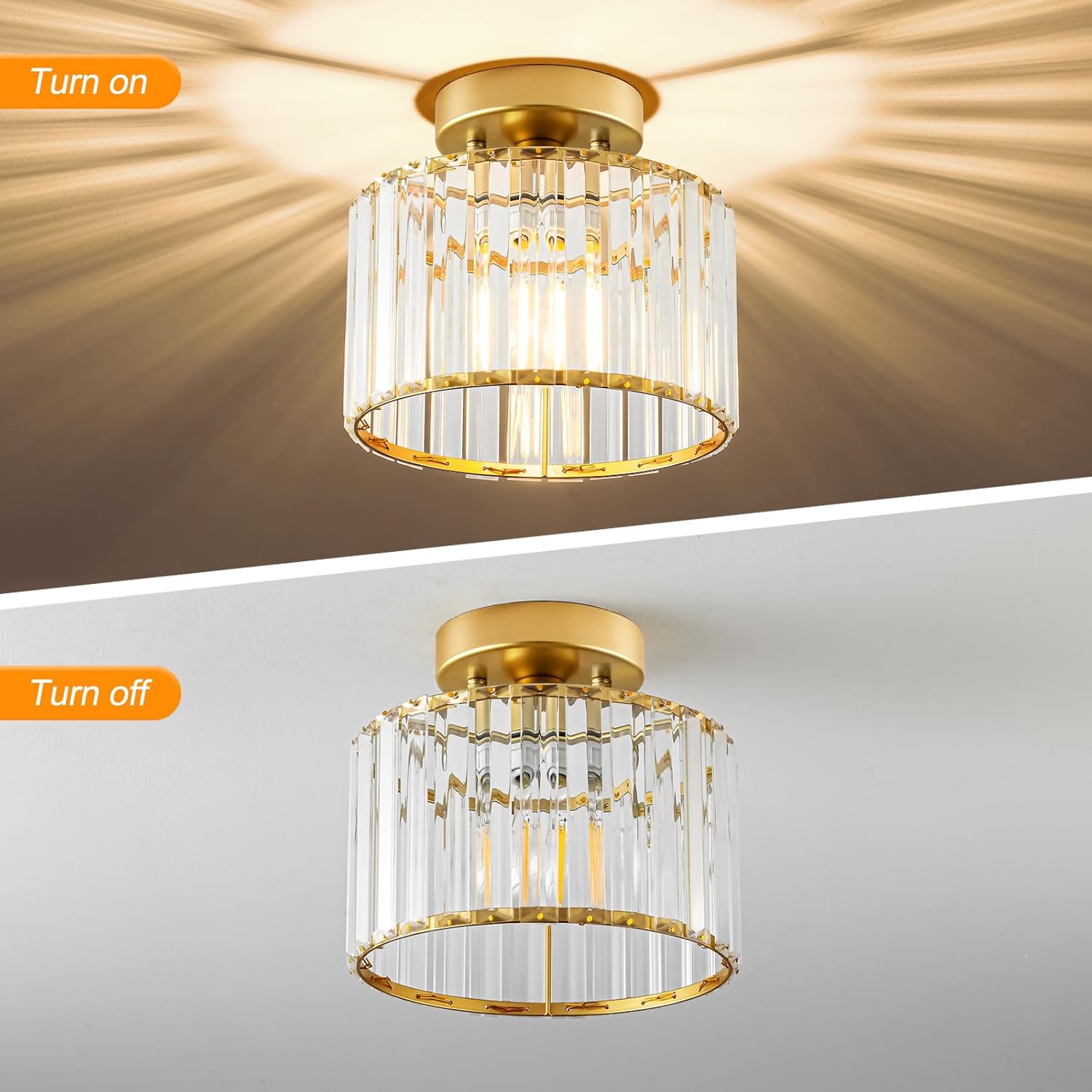 Gold Crystal Semi Flush Ceiling Light – 8.66"