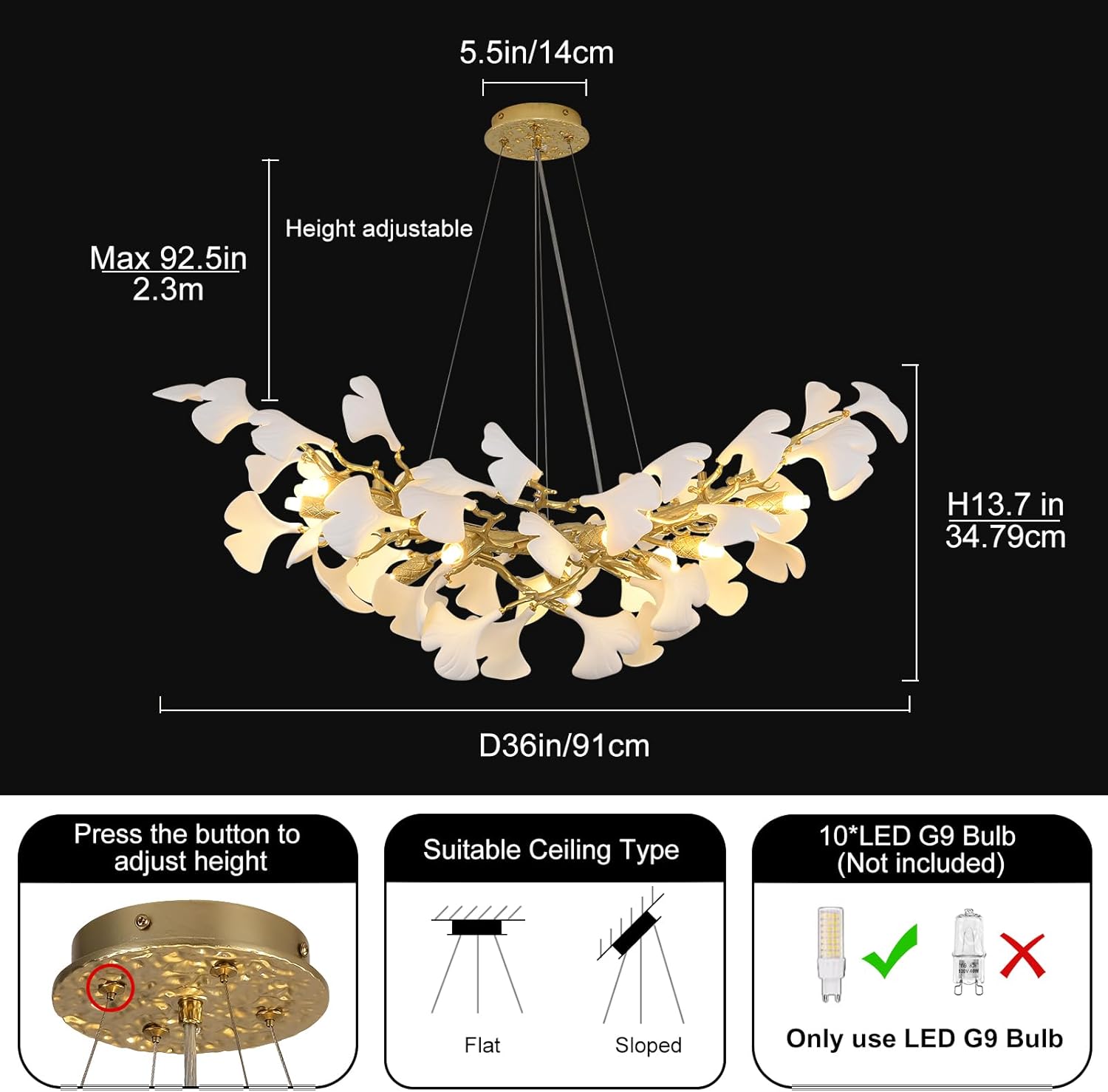 Gold Tree Branch Ginkgo Leaf Chandelier 36"