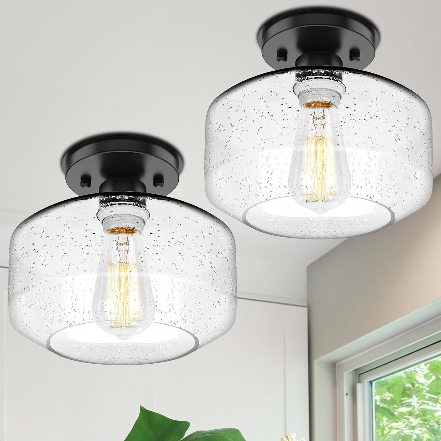 2-Pack Industrial Black Semi Flush Ceiling Lights