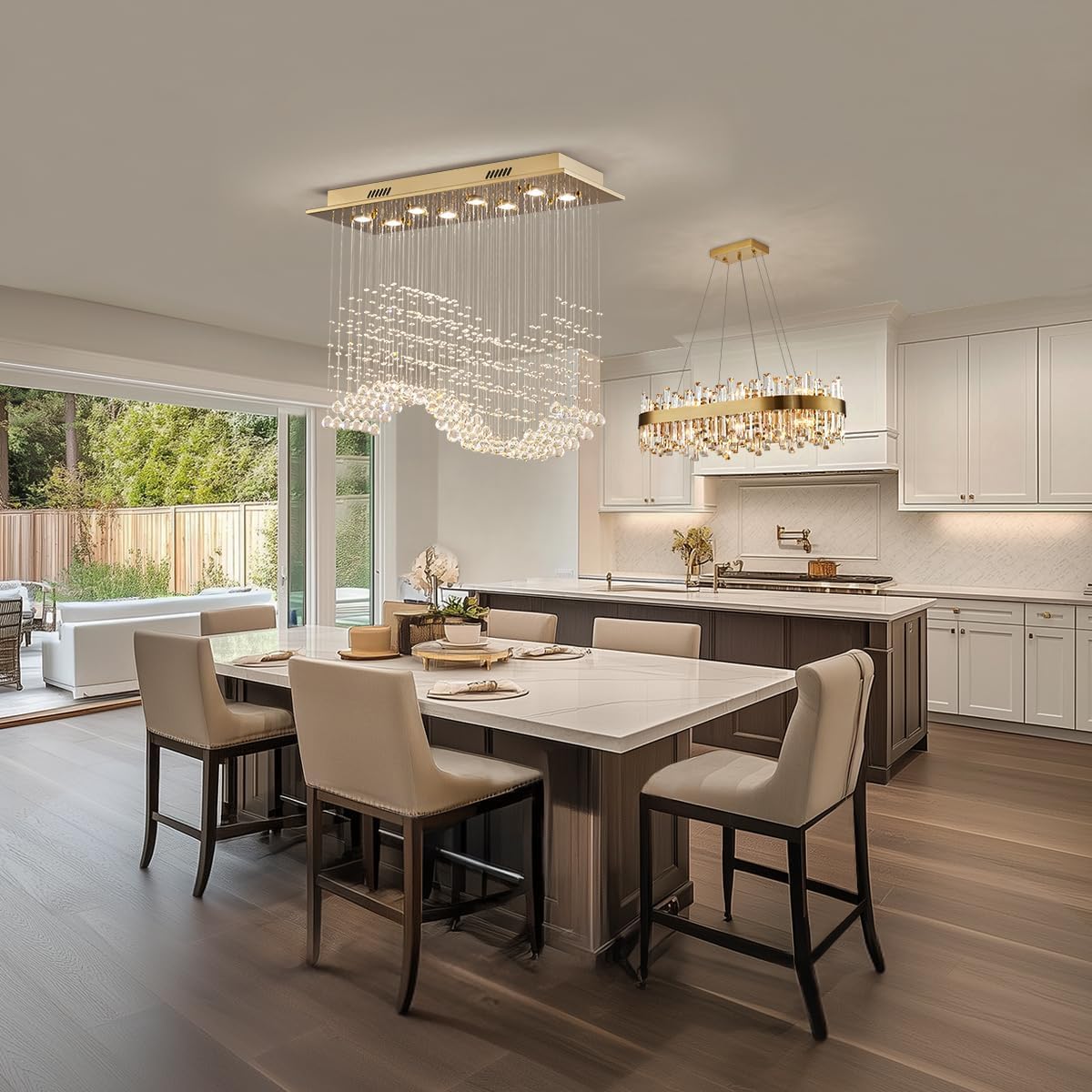 Gold Wave Crystal Chandelier 8-Light Rectangle