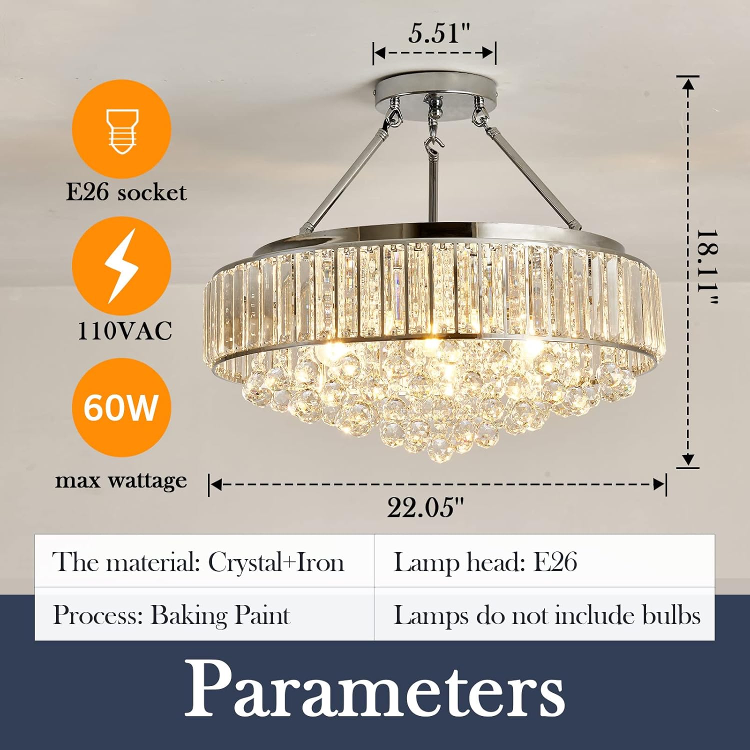 6-Light Chrome Crystal Semi-Flush Mount Chandelier