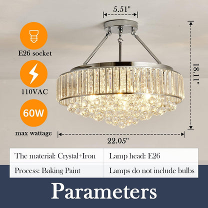 6-Light Chrome Crystal Semi-Flush Mount Chandelier
