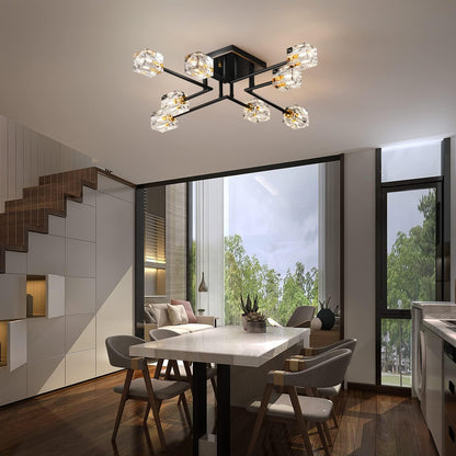 8-Light Crystal Ceiling Light – Black & Gold