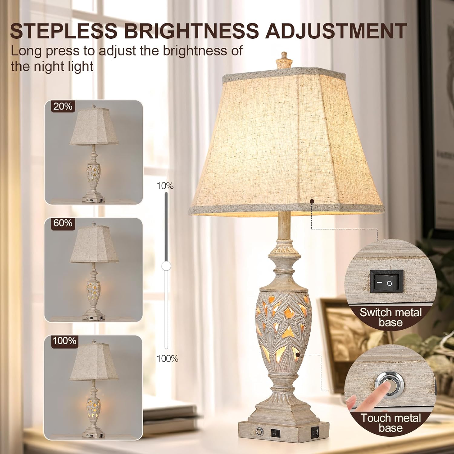 29.5" Touch Table Lamps Set – USB, 3-Way Dim