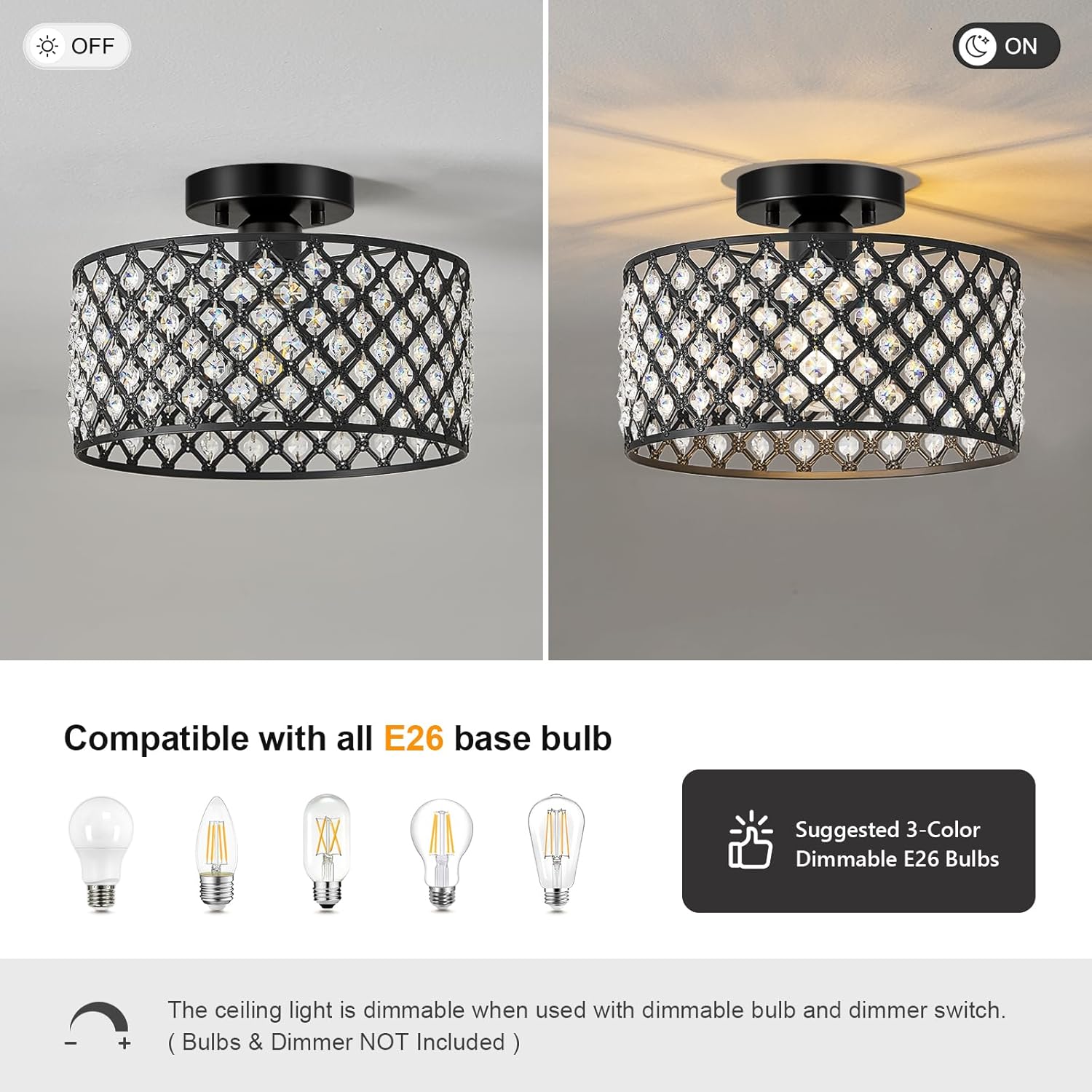Black Crystal Ceiling Light – 11.2" Round Fixture