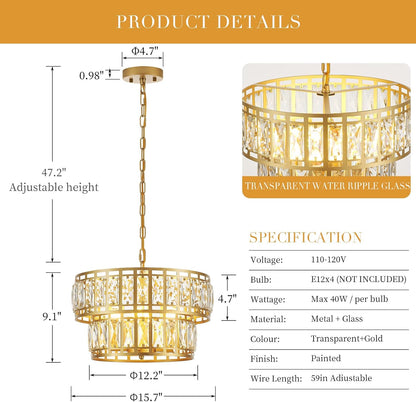 16" Gold Crystal Chandelier – 4-Light Modern 2-Tier Pendant