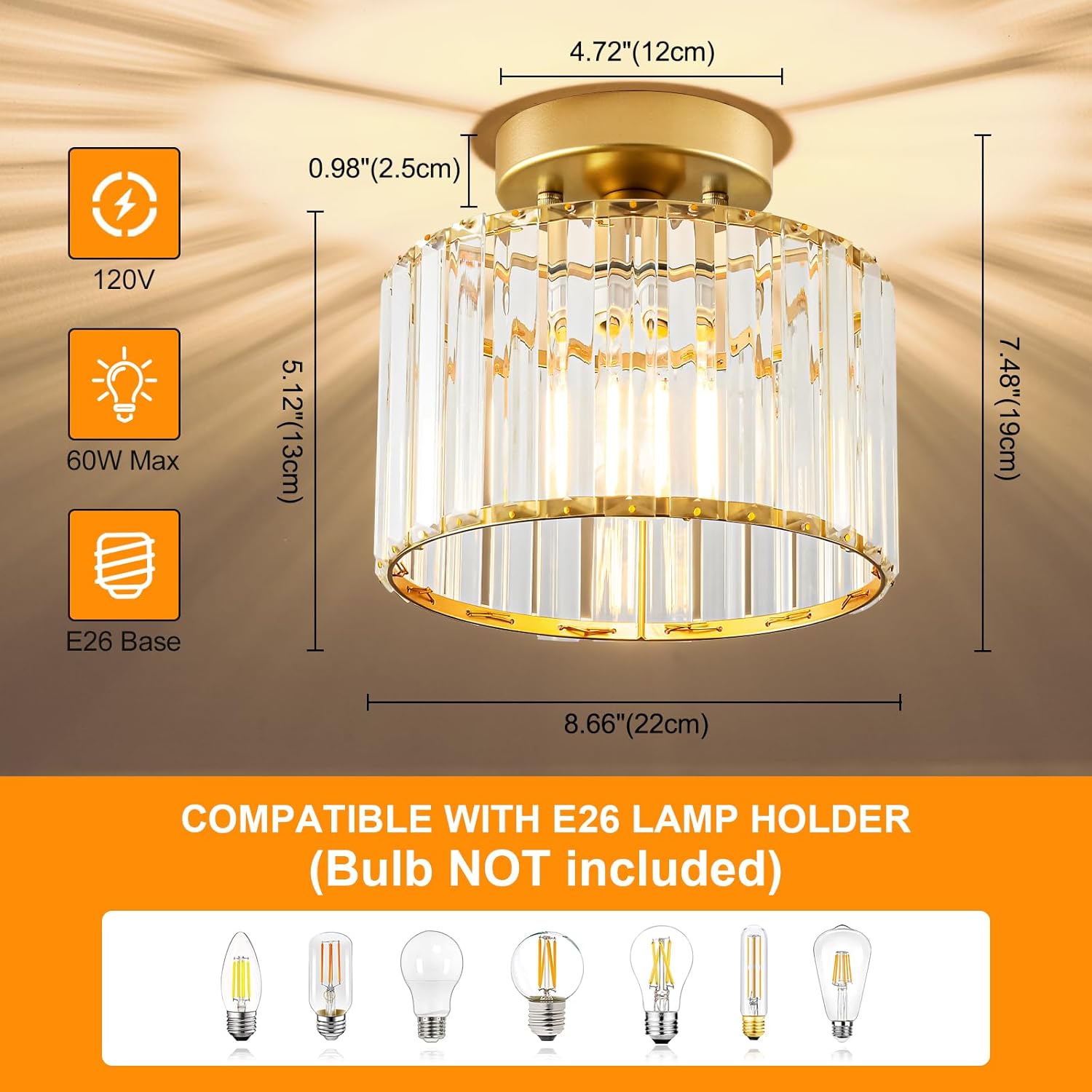 Gold Crystal Semi Flush Ceiling Light – 8.66"