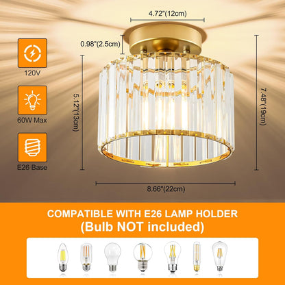Gold Crystal Semi Flush Ceiling Light – 8.66"