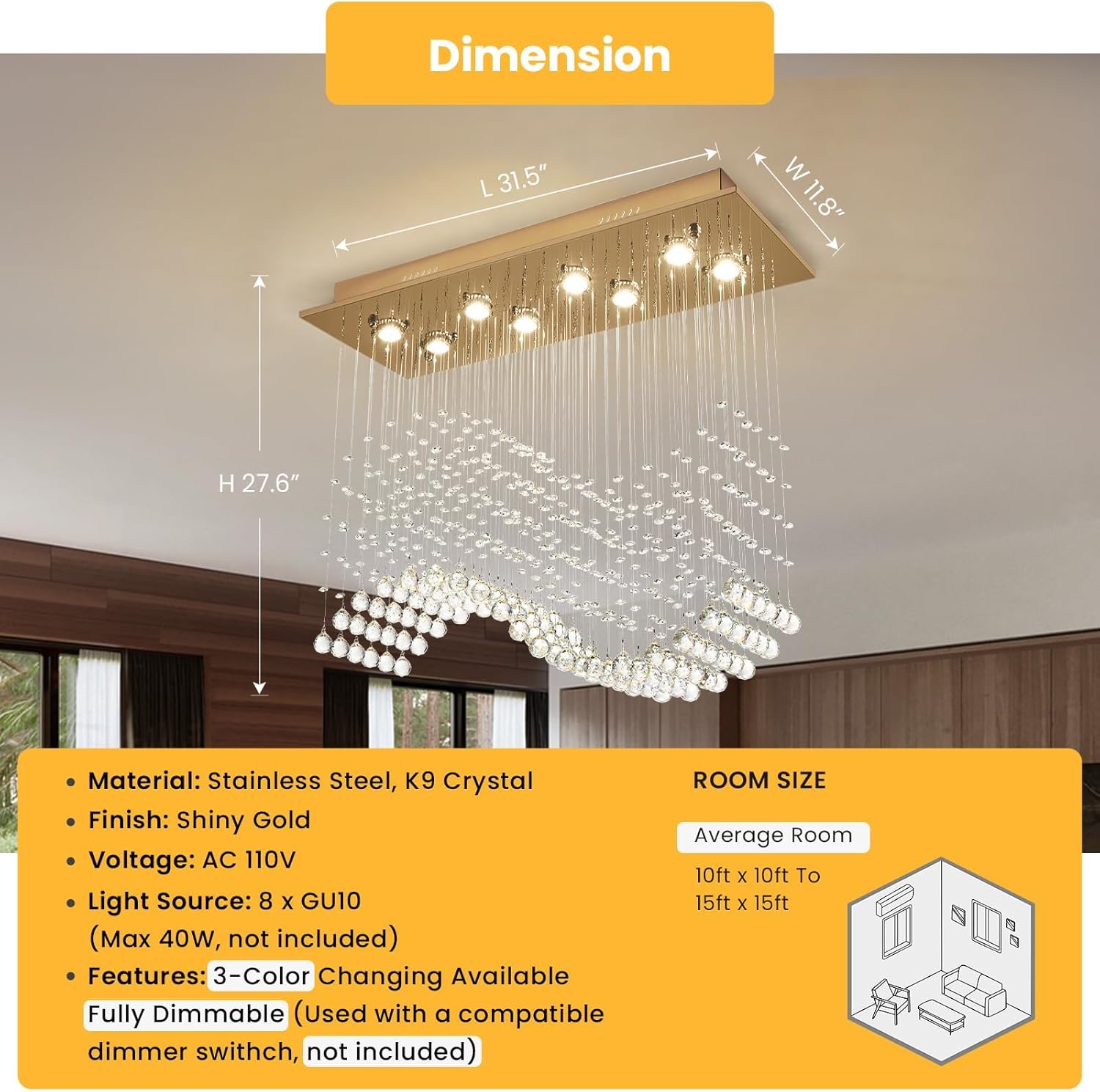 Gold Wave Crystal Chandelier 8-Light Rectangle