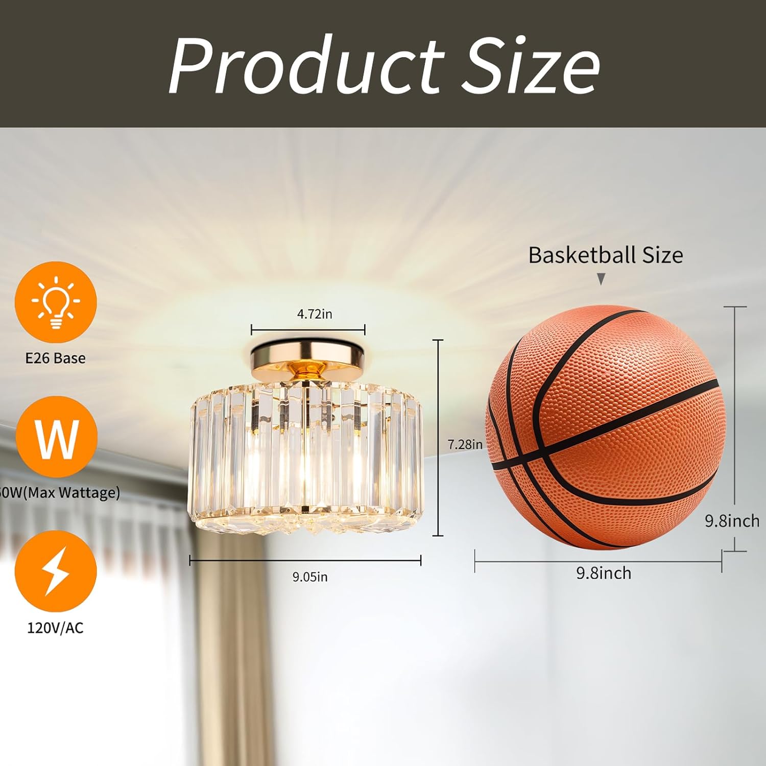 Gold Crystal Semi Flush Ceiling Light Fixture