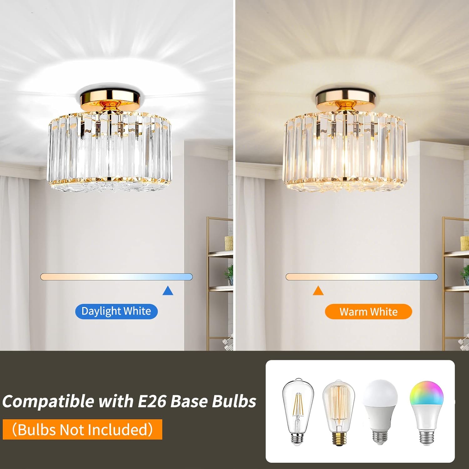 Gold Crystal Semi Flush Ceiling Light Fixture