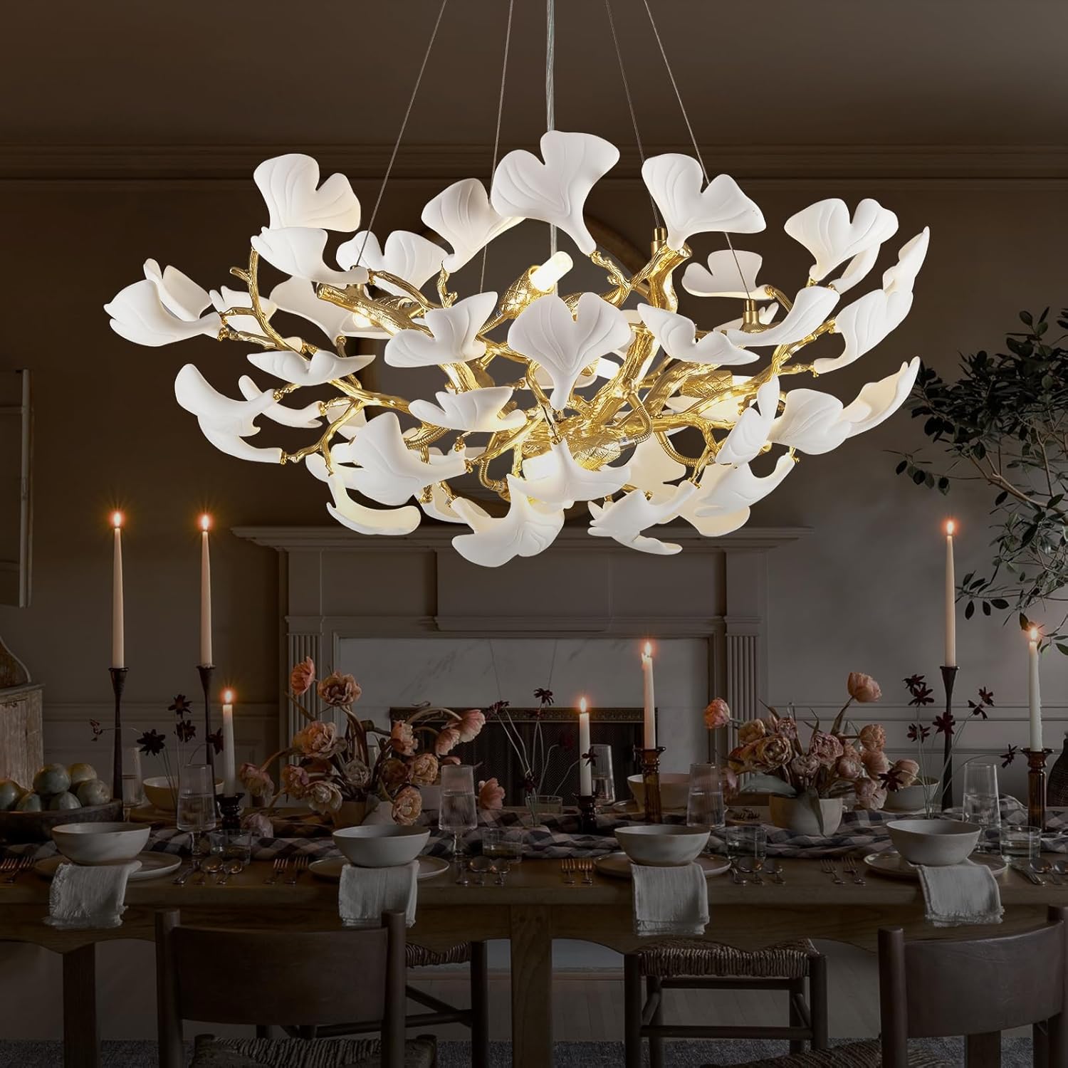Gold Tree Branch Ginkgo Leaf Chandelier 36"
