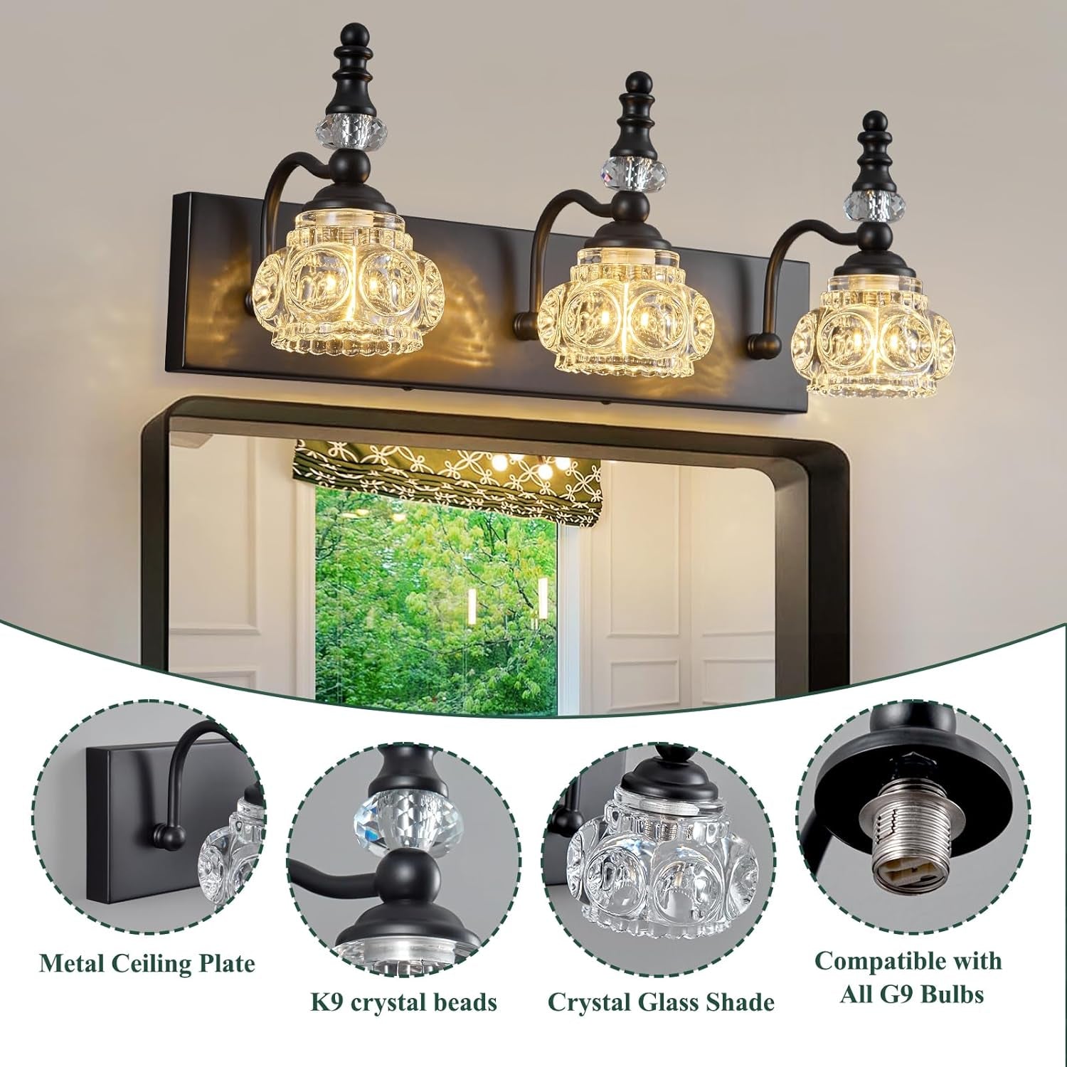 3-Light Black Crystal Bathroom Vanity Light