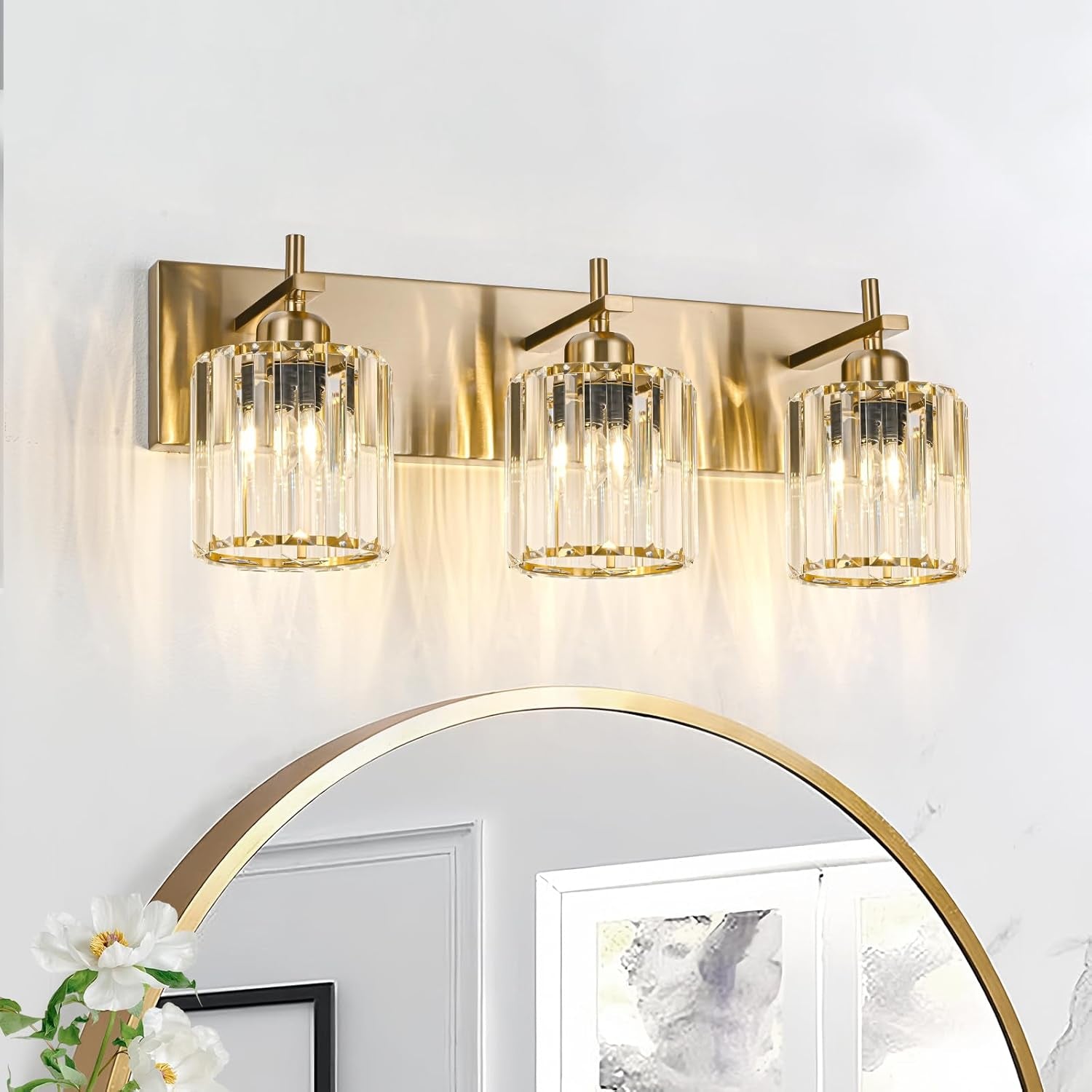 Gold Modern 3-Light Crystal Bathroom Vanity Light