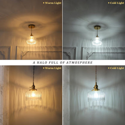 2-Pack Vintage Pendant Lights – Brass Finish with Clear Striped Glass