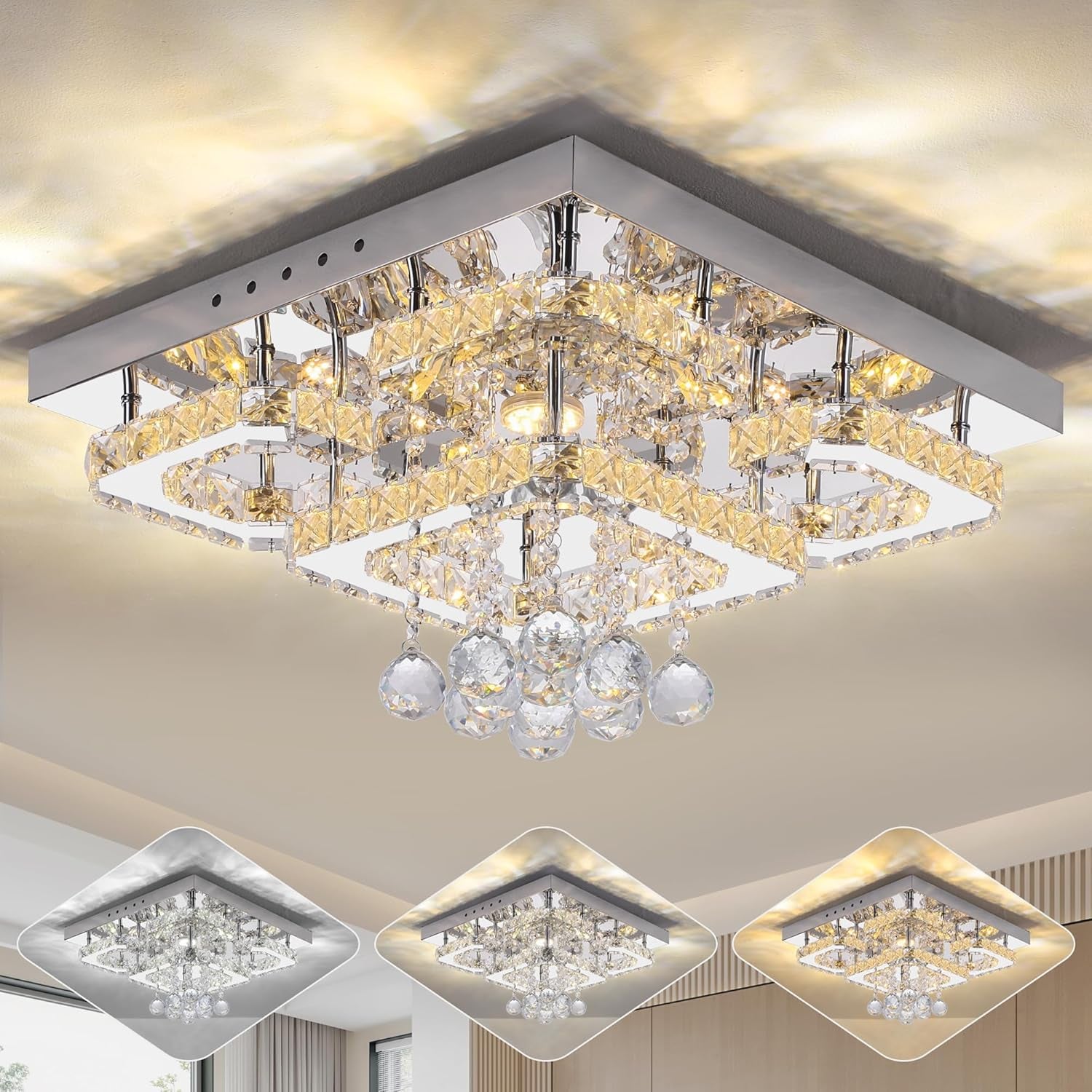 Gold 32" Rectangular Crystal LED Chandelier