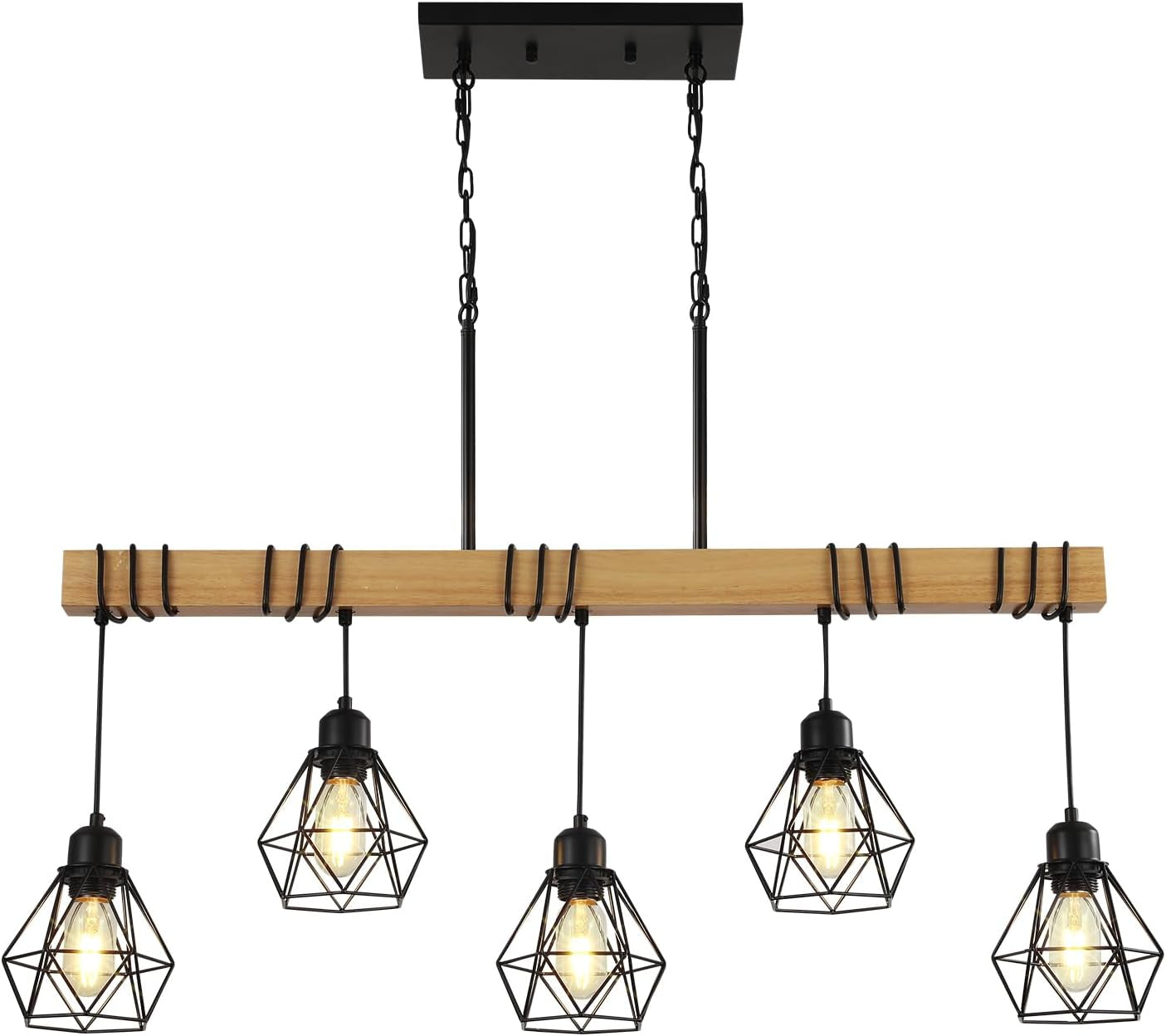5-Light Farmhouse Chandelier – Wood & Black Frame