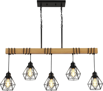 5-Light Farmhouse Chandelier – Wood & Black Frame