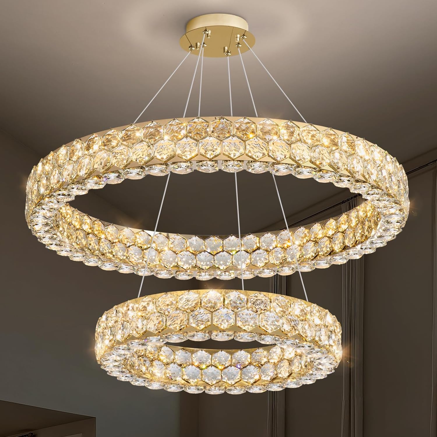 Modern 2-Ring Gold Crystal LED Chandelier