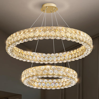 Modern 2-Ring Gold Crystal LED Chandelier