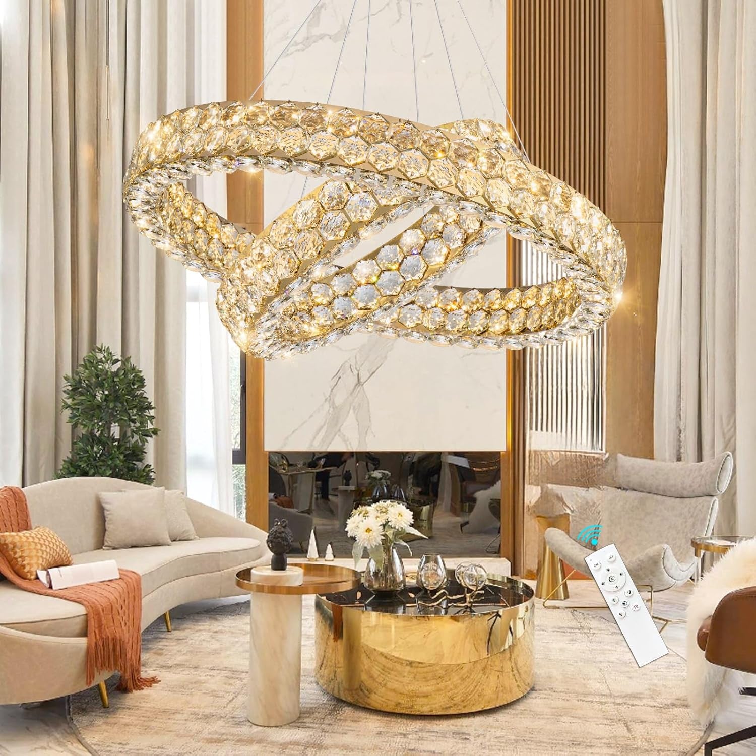 Modern 2-Ring Gold Crystal LED Chandelier