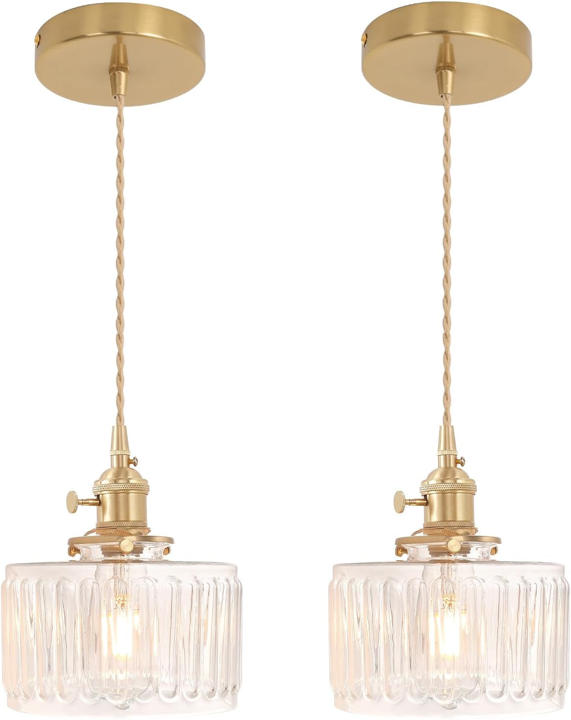 2-Pack Vintage Pendant Lights – Brass Finish with Clear Striped Glass