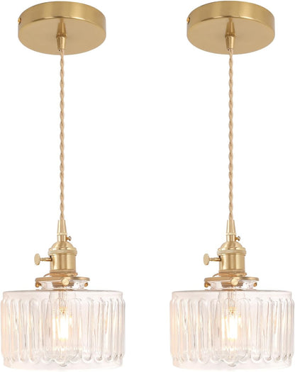 2-Pack Vintage Pendant Lights – Brass Finish with Clear Striped Glass