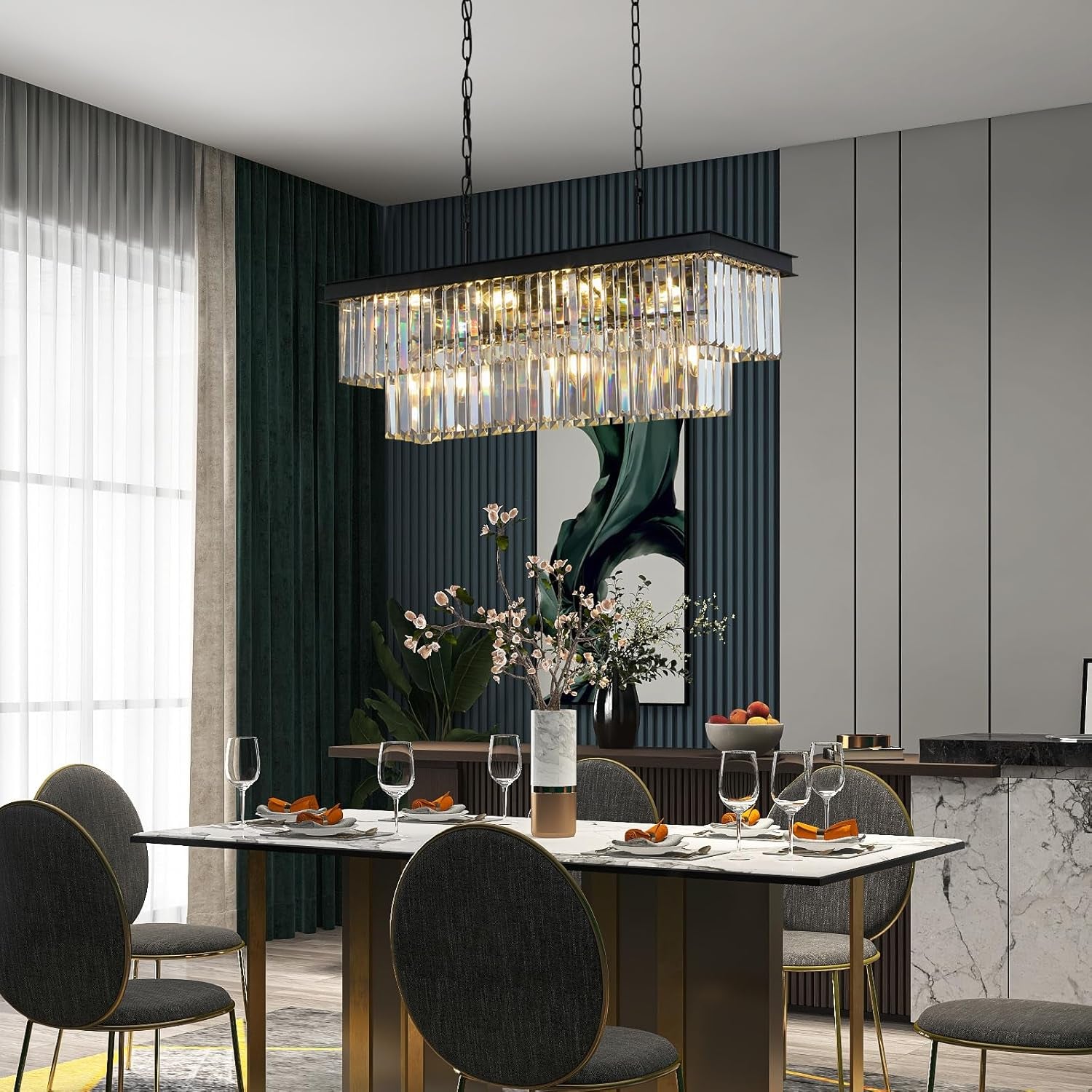 11-Light Black Crystal Rectangle Pendant Chandelier