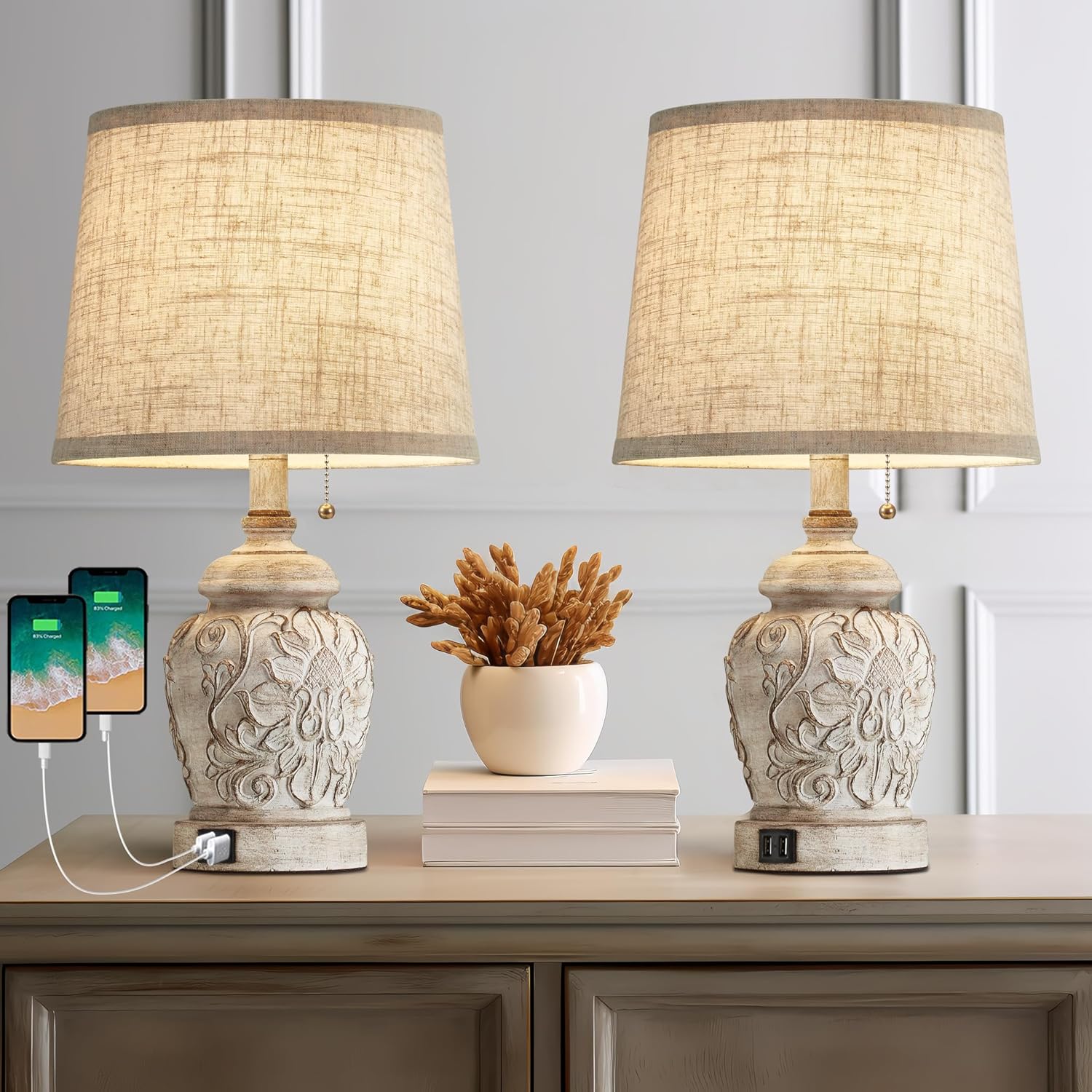 19.5" Rustic USB Table Lamps Set of 2