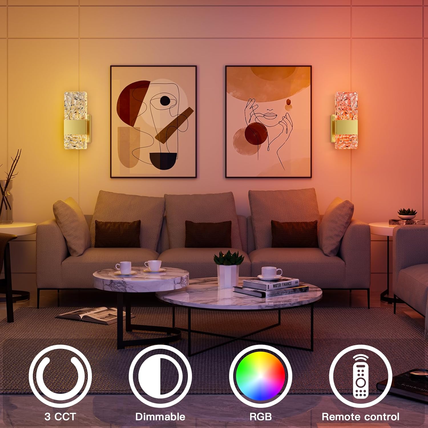 Set of 2 RGB Dimmable LED Wall Sconces with Remote