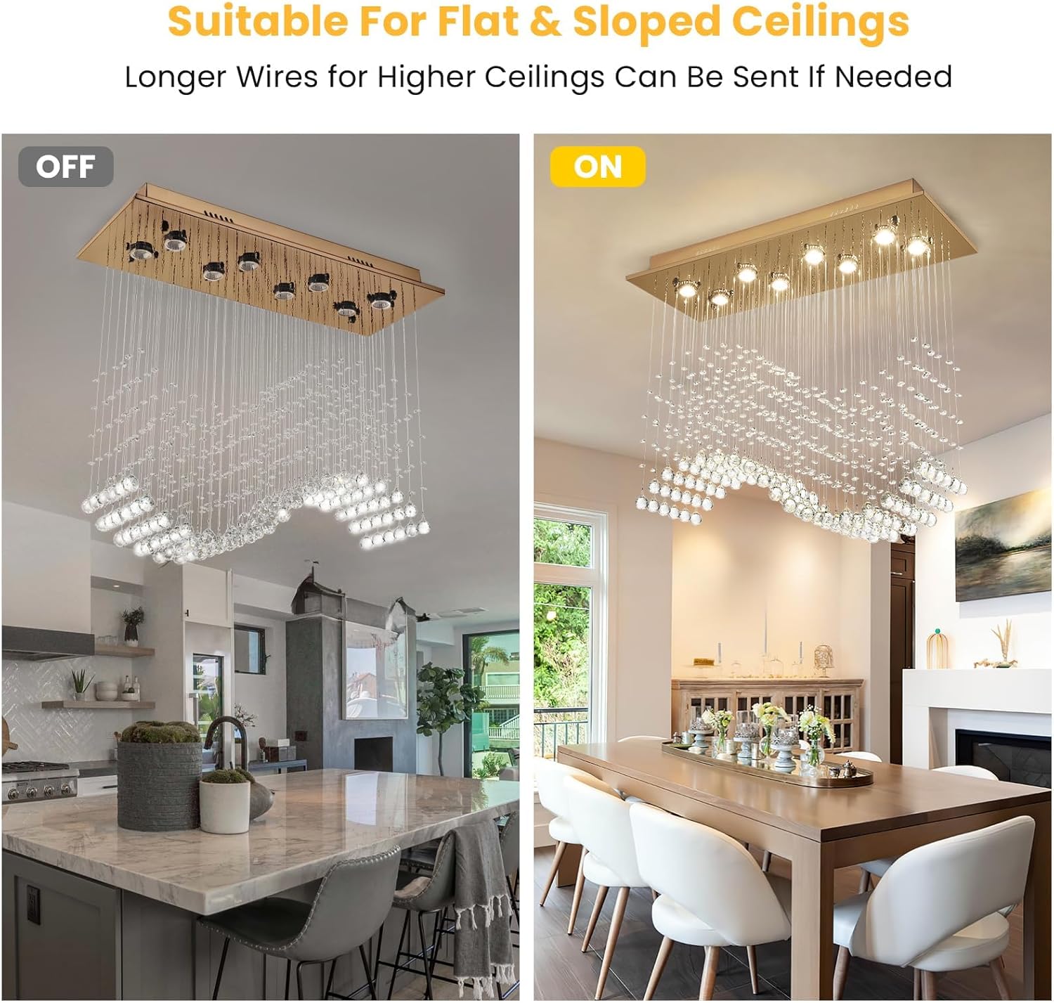 Gold Wave Crystal Chandelier 8-Light Rectangle